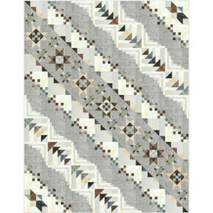 May include: A quilt with a geometric pattern in shades of gray, brown, and blue. The pattern features stars, triangles, and squares.