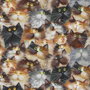 May include: A repeating pattern of cat faces in various colors, including black, orange, gray, and brown. The cats have different eye colors, such as yellow, green, and blue. The image is a close-up, showing the cats' fur and facial features.