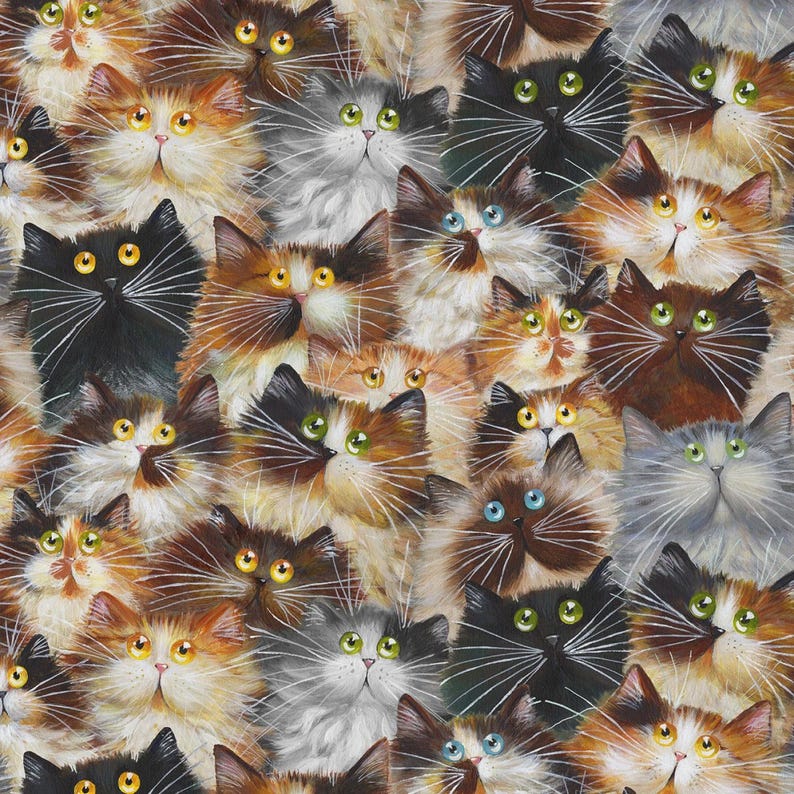 May include: A repeating pattern of cat faces in various colors, including black, orange, gray, and brown. The cats have different eye colors, such as yellow, green, and blue. The image is a close-up, showing the cats' fur and facial features.