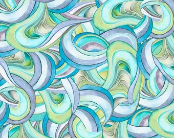 May include: Abstract seamless pattern with swirling, overlapping lines in shades of blue, green, and yellow. The pattern is reminiscent of water waves or flowing fabric.