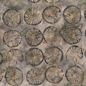 May include: A repeating pattern of circular shapes with a radial design. The circles are in shades of brown and tan, outlined in a darker color, and set against a mottled, light background. The design has a natural, organic feel.