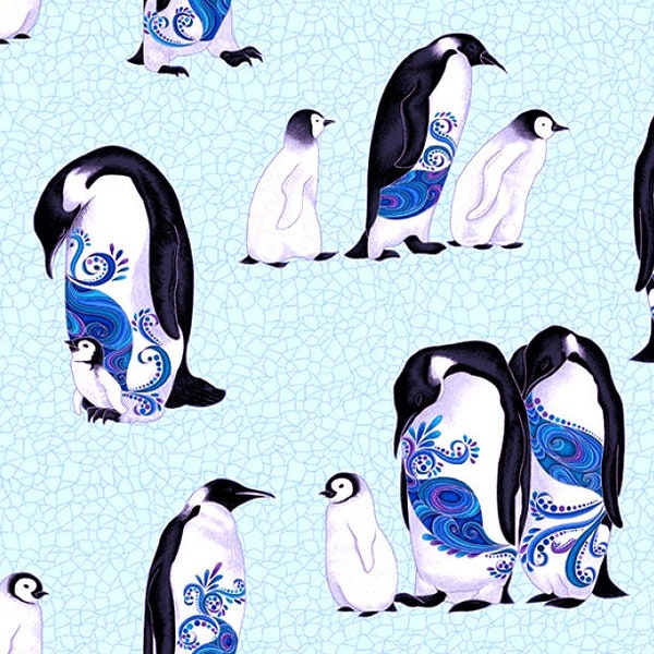 Benartex~Polar Attitude~LARGE Penguins with Pearlescent Metallic~Sky/Multi~Cotton Fabric by the Yard or Select Length 13429PB-50