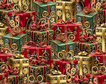 May include: A repeating pattern of gift boxes in red, green, and gold colors. Each box is decorated with metallic gold gears, cogs, and mechanical components, topped with a matching ribbon bow. The design features a complex, industrial aesthetic.