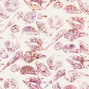 May include: A seamless pattern featuring a variety of seashells in shades of pink and purple on a white background. The shells are arranged in a random pattern and are drawn in a watercolour style.