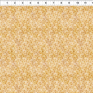 May include: A seamless fabric pattern featuring a repeating design of small, stylized leaves in a warm brown color on a light beige background.