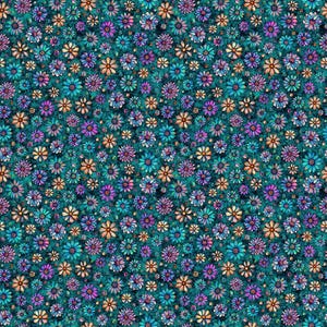 May include: A fabric pattern featuring a dense, repeating floral design with small daisy-like flowers in shades of teal, purple, and peach. The flowers are set against a dark, textured teal background, creating a vibrant and colorful botanical print.
