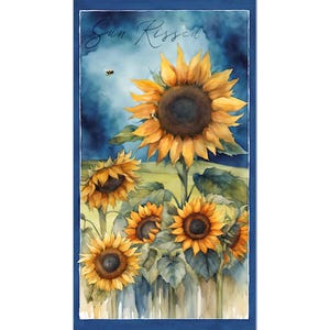 May include: Watercolor painting of sunflowers with yellow petals and dark brown centers against a blue sky. The text "Sun Kissed" is written in cursive at the top. A bee is flying near the top sunflower.