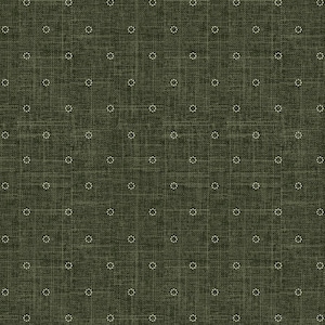 May include: Dark olive green fabric with a subtle grid pattern and small white dotted floral designs evenly spaced across the surface. The fabric has a textured appearance, suggesting a woven material.