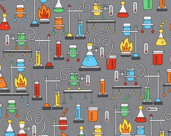 EOB~Robert Kaufman~Science Fair 2~Beakers Flasks & Test Tubes~Multi~Cotton Fabric by the Yard or Select Length SRK17929205