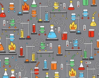 Robert Kaufman~Science Fair 2~Beakers Flasks & Test Tubes~Multi~Cotton Fabric by the Yard or Select Length SRK17929205