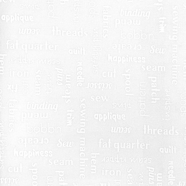 Wilmington Prints~Essentials Basics~Sewing Words~White on White~Cotton Fabric by the Yard or Select Length 39152-100