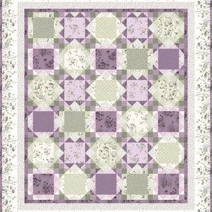 May include: A floral quilt with a repeating pattern of squares and diamonds in shades of lavender, sage green, and cream. The quilt has a white border with a delicate floral print. The overall design is symmetrical and evokes a sense of calm.