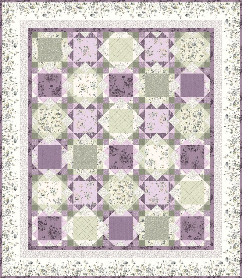 May include: A floral quilt with a repeating pattern of squares and diamonds in shades of lavender, sage green, and cream. The quilt has a white border with a delicate floral print. The overall design is symmetrical and evokes a sense of calm.