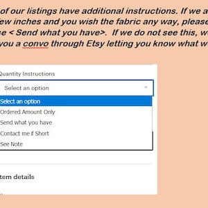 May include: A blue and white drop-down menu with the text "Quantity Instructions" and the options "Ordered Amount Only", "Send what you have", "Contact me if Short", and "See Note".