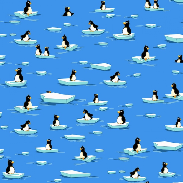 EOB~Susybee~Burr the Polar Bear~Penquins~Sky Blue~Cotton Fabric by the Yard or Select Length SB20398-725