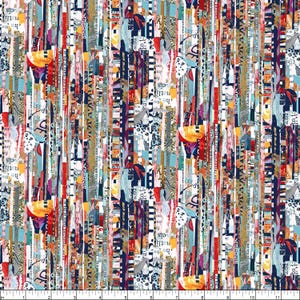 May include: A fabric print featuring a vertical collage of torn paper strips in various colors including red, orange, yellow, blue, and black. The design incorporates fragments of printed text and abstract shapes, with a ruler visible at the bottom edge.