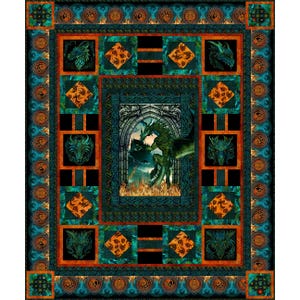 May include: A decorative quilt featuring a fantasy theme. The quilt showcases a central image of a green dragon in front of a castle, surrounded by dragon head motifs and geometric patterns in teal, orange, and black.