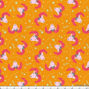 May include: A repeating pattern of pink and white ram heads with floral crowns on a bright orange background. The ram heads are stylized and have a striped pattern on their horns. The background is dotted with small white stars and a constellation pattern. The text "Aries" is repeated throughout the pattern.