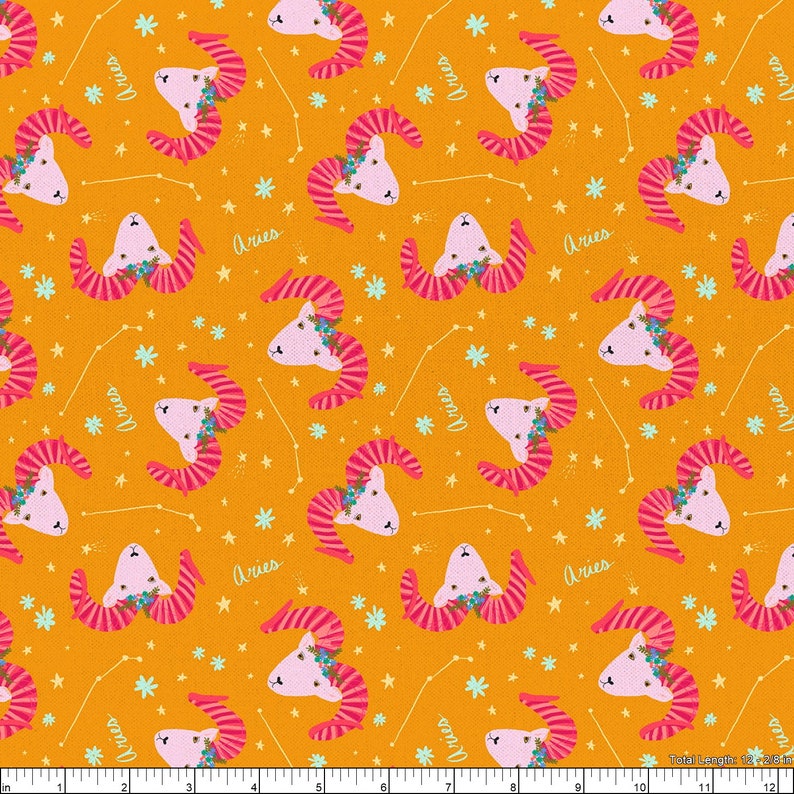 May include: A repeating pattern of pink and white ram heads with floral crowns on a bright orange background. The ram heads are stylized and have a striped pattern on their horns. The background is dotted with small white stars and a constellation pattern. The text "Aries" is repeated throughout the pattern.