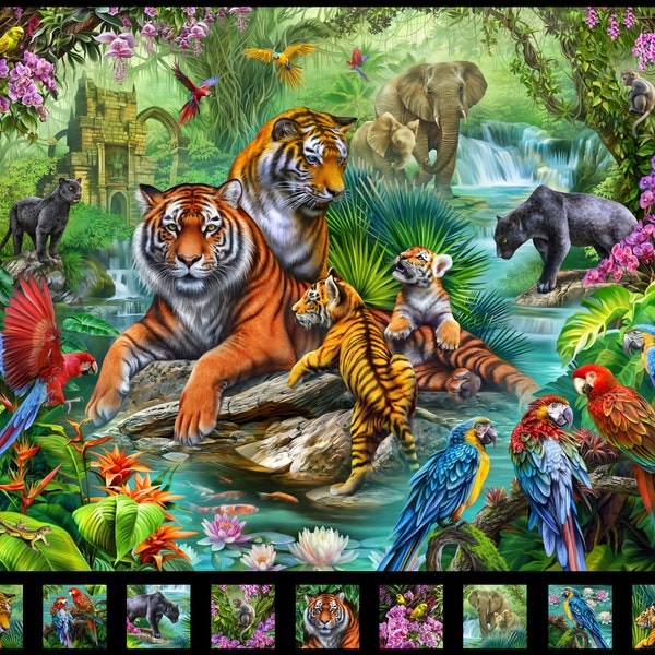 Quilting Treasures ~ Jungle Paradise ~ 35,25 x 42 po. Panneau animal de la jungle ~ Numérique ~ Noir ~ Tissu en coton par panneau 29908-J