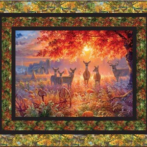 May include: A painting of a fall scene with a group of deer standing in a field. The deer are in the foreground of the painting, and the background is a forest with a sunset in the distance. The trees in the forest are a mix of red, orange, and yellow.