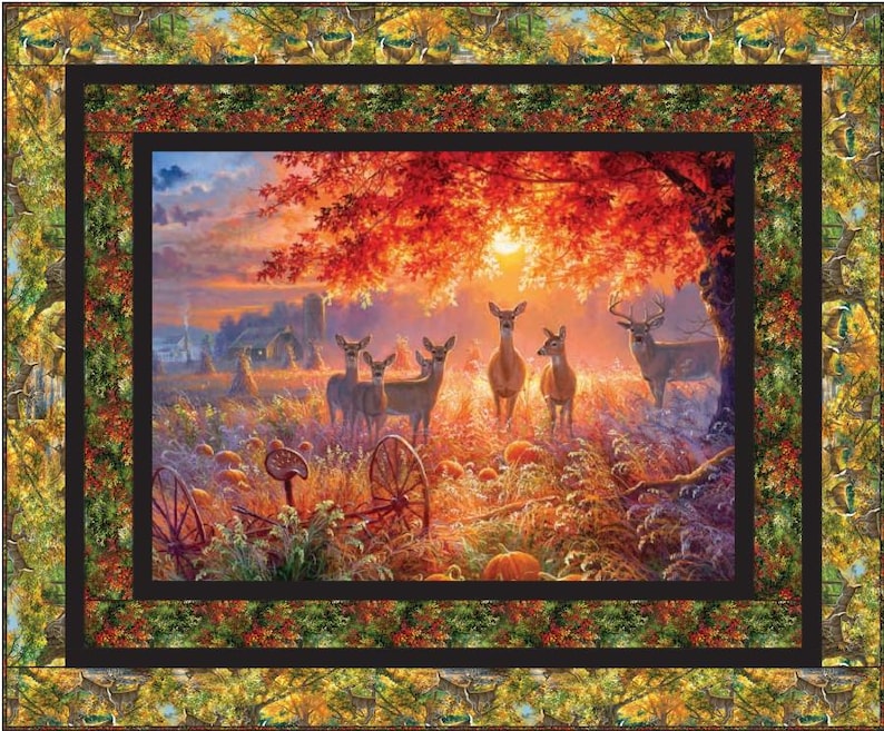 May include: A painting of a fall scene with a group of deer standing in a field. The deer are in the foreground of the painting, and the background is a forest with a sunset in the distance. The trees in the forest are a mix of red, orange, and yellow.