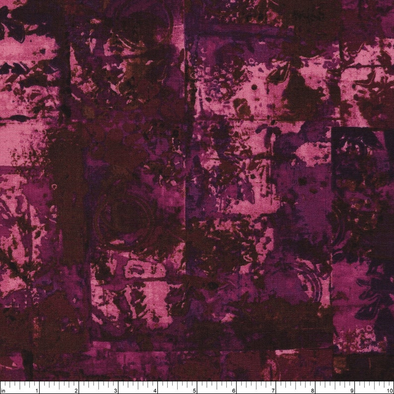 May include: Abstract fabric with a patchwork design in shades of purple and brown. The fabric has a textured, distressed look.