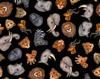 EOB~Quilting Treasures~Serengeti~Animals Heads~Digital Print~Black~Cotton Fabric by the Yard or Select Length 27765-J