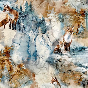 May include: Watercolor illustration featuring foxes in a winter forest scene. The artwork showcases a family of foxes with reddish-brown fur, set against a backdrop of blue, white, and brown tones, evoking a snowy landscape.