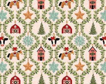 May include: A seamless pattern featuring a variety of Christmas ornaments, including a red barn, a pink house, a star, a snowflake, a cow, a horse, a Christmas tree, and a wreath of green leaves. The background is a light pink.