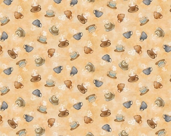 Tesoros atemporales Felicidad en una taza Tazas de café pequeñas arrojadas Tela de algodón beige cortada a medida o seleccione el largo CD3424-BEIGE