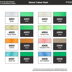 May include: Color chart for Ahrora 40wt Glow in the Dark Polyester thread. The chart shows 8 colors, each with a regular and glow-in-the-dark version. The colors are: White, Cream, Pastel Yellow, Lemon Lime, Saffron, Impatiens Pink, Aqua Sea, and Star Sapphire.