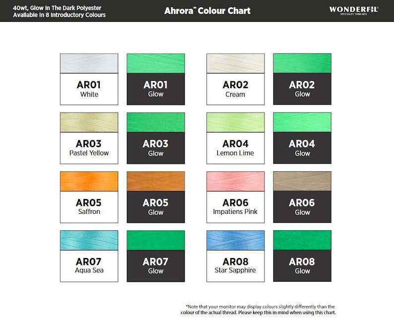 May include: Color chart for Ahrora 40wt Glow in the Dark Polyester thread. The chart shows 8 colors, each with a regular and glow-in-the-dark version. The colors are: White, Cream, Pastel Yellow, Lemon Lime, Saffron, Impatiens Pink, Aqua Sea, and Star Sapphire.