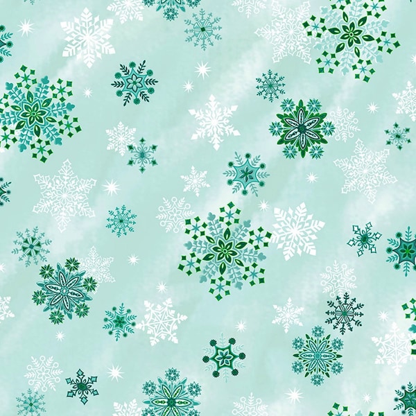 RJR Fabrics~Evergreen~Sparkling Snowflakes w/ Metallic Green~Winter Sky~Cotton Fabric by the Yard or Select Length RJ605J-WI1M