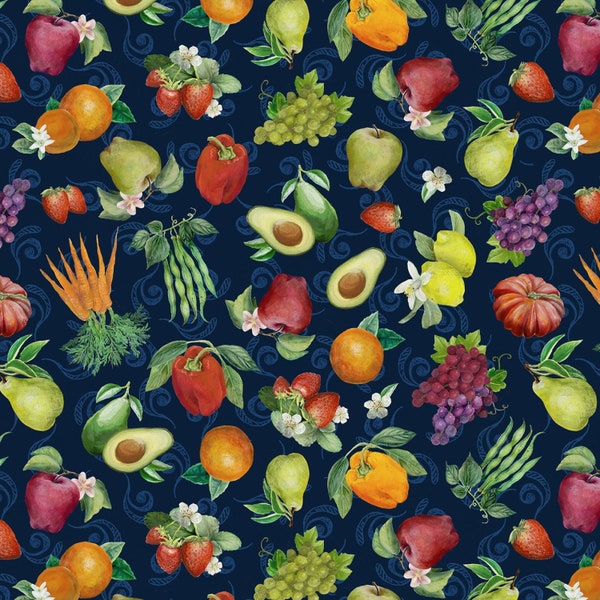 EOB~Wilmington Prints~Fresh From the Grove~Fruit & Veggies Toss~Navy (Background)~Cotton Fabric by the Yard or Select Length 20515-473