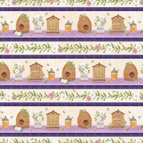 Wilmington Prints~The Art of Beekeeping~Floral & Bee Repeating Stripe~Multi~Cotton Fabric by the Yard or Select Length 27605-268