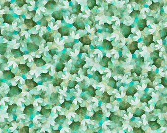 May include: A seamless pattern featuring a repeating design of white flowers with green and blue accents. The flowers are arranged in a random pattern, creating a busy and vibrant design.