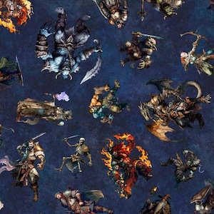 May include: A blue background with a repeating pattern of fantasy creatures and characters. The characters are in various poses and include a dragon, a skeleton, a goblin, a demon, and a knight.