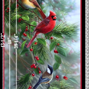 Puede incluir: Panel de tela con tres p&aacute;jaros posados en ramas con agujas verdes y bayas rojas. El panel mide aproximadamente 61 cm de ancho y 110,5 cm de alto. Los p&aacute;jaros incluyen un cardenal rojo, un p&aacute;jaro amarillo y rojo y un p&aacute;jaro con cabeza negra y blanca.