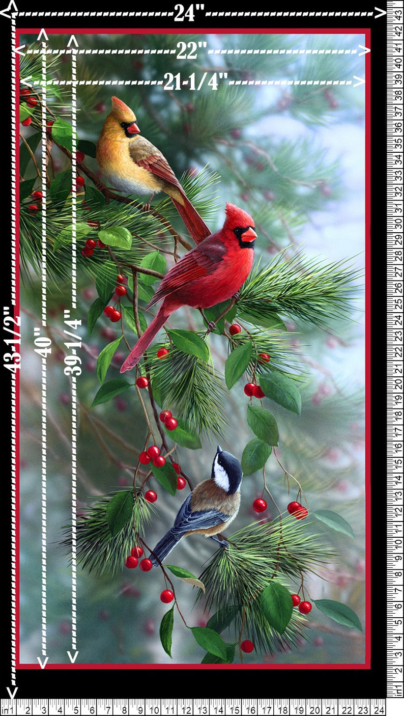 Puede incluir: Panel de tela con tres p&aacute;jaros posados en ramas con agujas verdes y bayas rojas. El panel mide aproximadamente 61 cm de ancho y 110,5 cm de alto. Los p&aacute;jaros incluyen un cardenal rojo, un p&aacute;jaro amarillo y rojo y un p&aacute;jaro con cabeza negra y blanca.