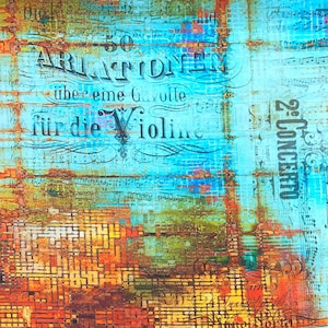 May include: Abstract art print featuring a blue and turquoise background with faded musical notes and text in German. The text reads "50 VARIATIONEN über eine Gavotte für die Violine 2. CONCERTO". The bottom half of the print features a geometric pattern in shades of orange, yellow, and brown.