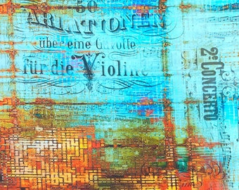 May include: Abstract art print featuring a blue and turquoise background with faded musical notes and text in German. The text reads "50 VARIATIONEN über eine Gavotte für die Violine 2. CONCERTO". The bottom half of the print features a geometric pattern in shades of orange, yellow, and brown.