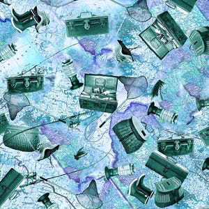 May include: A blue and white patterned fabric with fishing themed illustrations. The fabric features images of fishing rods, tackle boxes, nets, and boots.