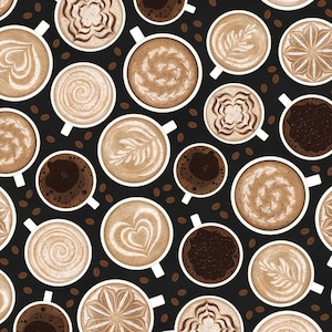 May include: A repeating pattern featuring coffee cups with diverse latte art, such as hearts and swirls, set against a black backdrop. Coffee beans are scattered around the white-handled cups, creating a coffee-themed design.