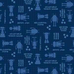 May include: A blue and white robot pattern on a dark blue background. The pattern includes robots, gears, and text that says "Solar Powered Battery", "Titanium Shell", "Sonar Range Finder", "Radio Transmitter", "Heat Gauge", "Adjustable Tension Gauge", "Signal Remote Receiver".