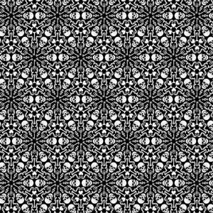 May include: A repeating pattern featuring white skulls, bones, and heart shapes on a black background. The design is symmetrical, with the elements arranged in a floral-like pattern. The overall aesthetic is gothic and macabre.