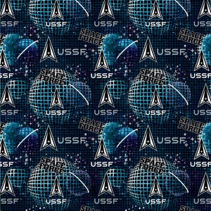 May include: A repeating pattern featuring the USSF logo, a white arrow within a triangle, and the text "USSF" and "SPACE FORCE" on a dark blue background with a grid and star-like elements.