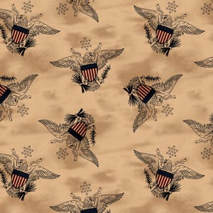 Puede incluir: Patrón repetitivo con el águila calva americana, en un estilo vintage. Las águilas tienen las alas extendidas, sosteniendo un escudo con rayas rojas y blancas y una parte superior azul. El fondo es de color marrón moteado.