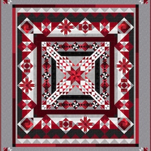 May include: A red, white, and black quilt with a geometric pattern. The quilt is made up of squares and triangles, and it has a central star design.