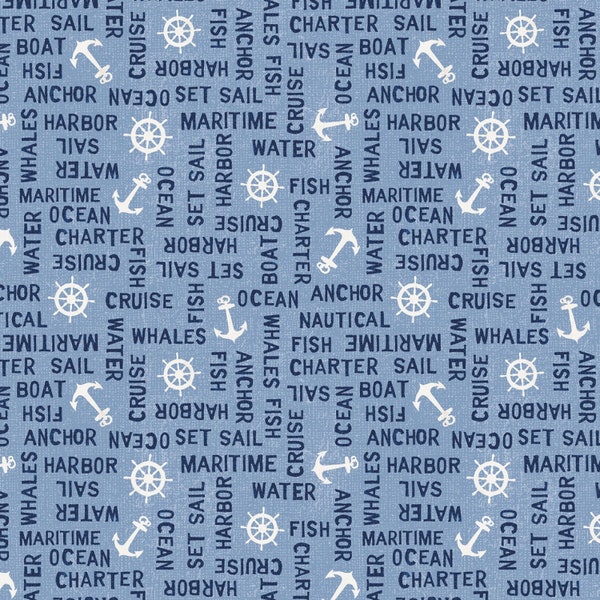 EOB~Wilmington Prints - At The Helm - Word Toss - Light Blue - Cotton Fabric by the Yard or Select Length 89257-410